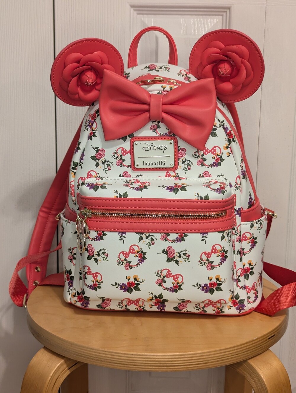 NWOT Disney x Loungefly Floral Minnie Ear Mini Backpack - Coral/White